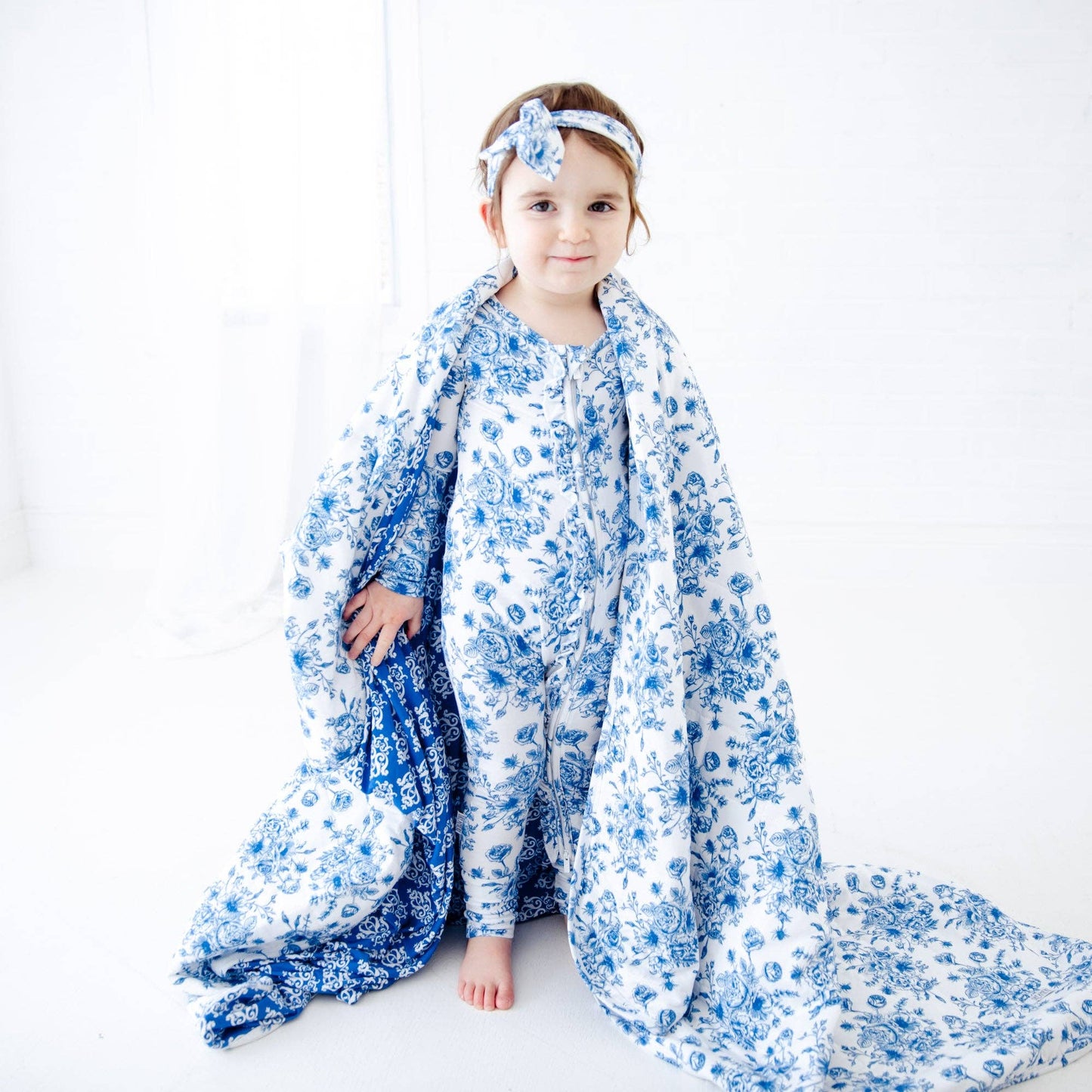 Something Blue Toile Damask Floral Bamboo Baby Pajamas Ruffle Convertible Footie