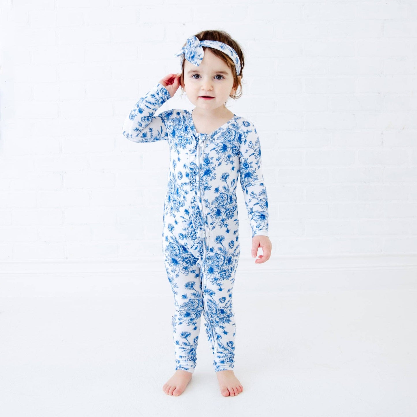 Something Blue Toile Damask Floral Bamboo Baby Pajamas Ruffle Convertible Footie