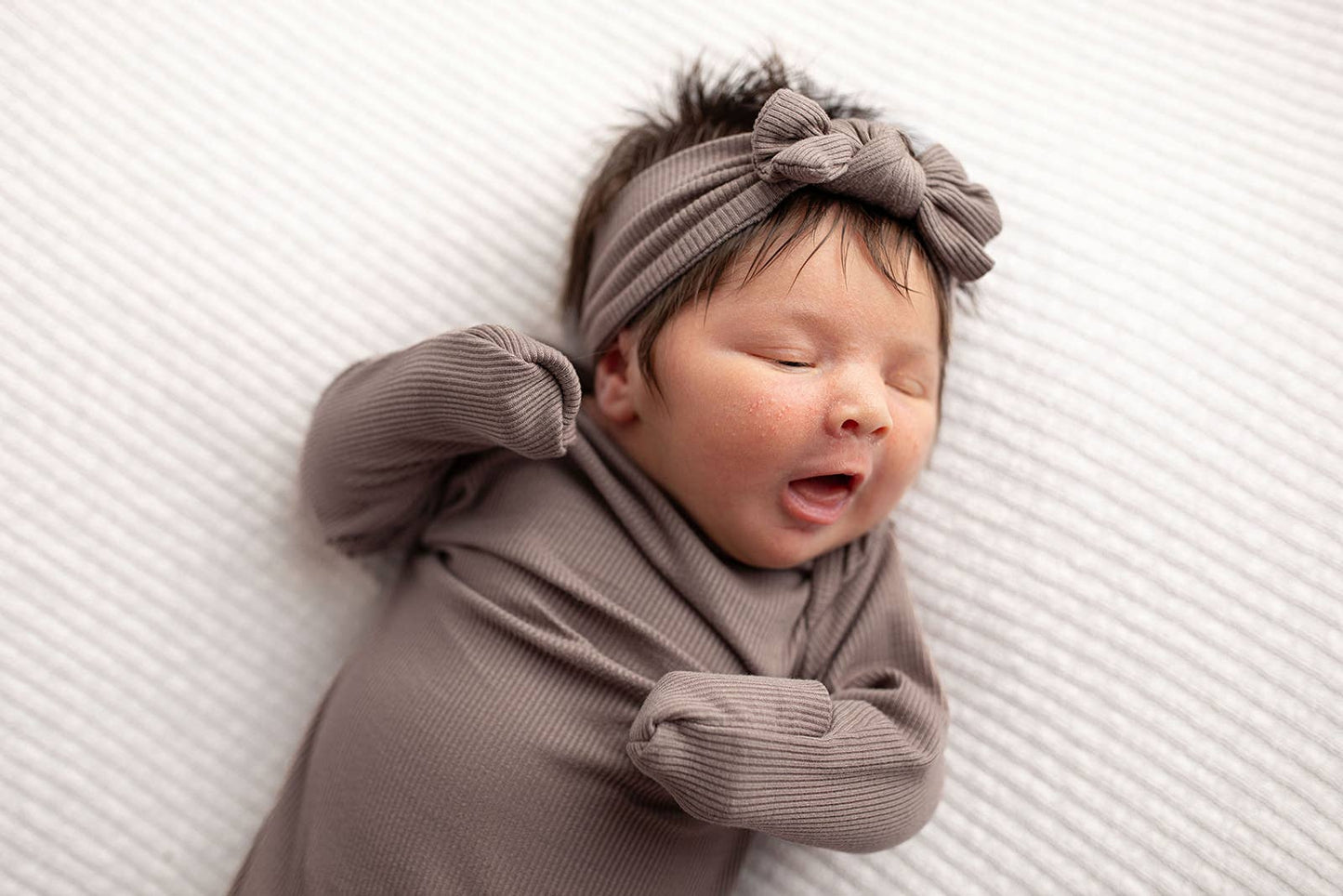 Cocoa Brown Ribbed Knotted Newborn Baby Gown sleepwear: Gown & Hat