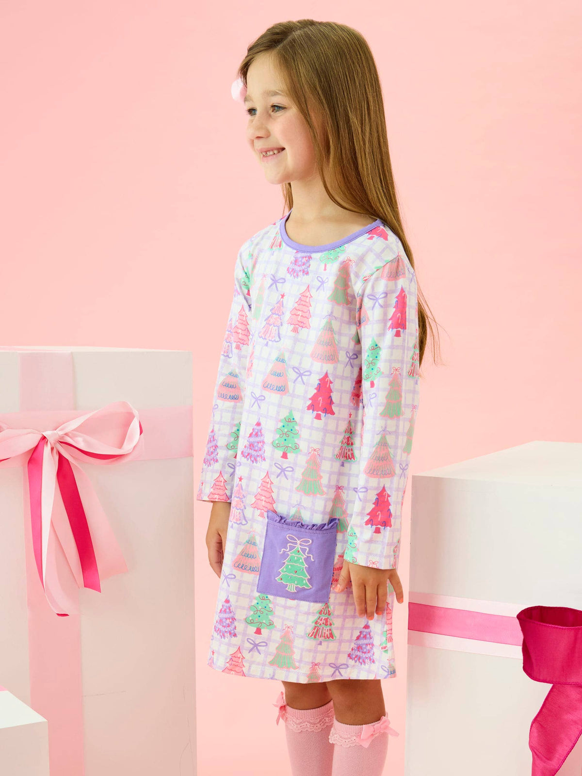 Girls Purple Bow Christmas Pines Knit A-line Applique Pockets Dress