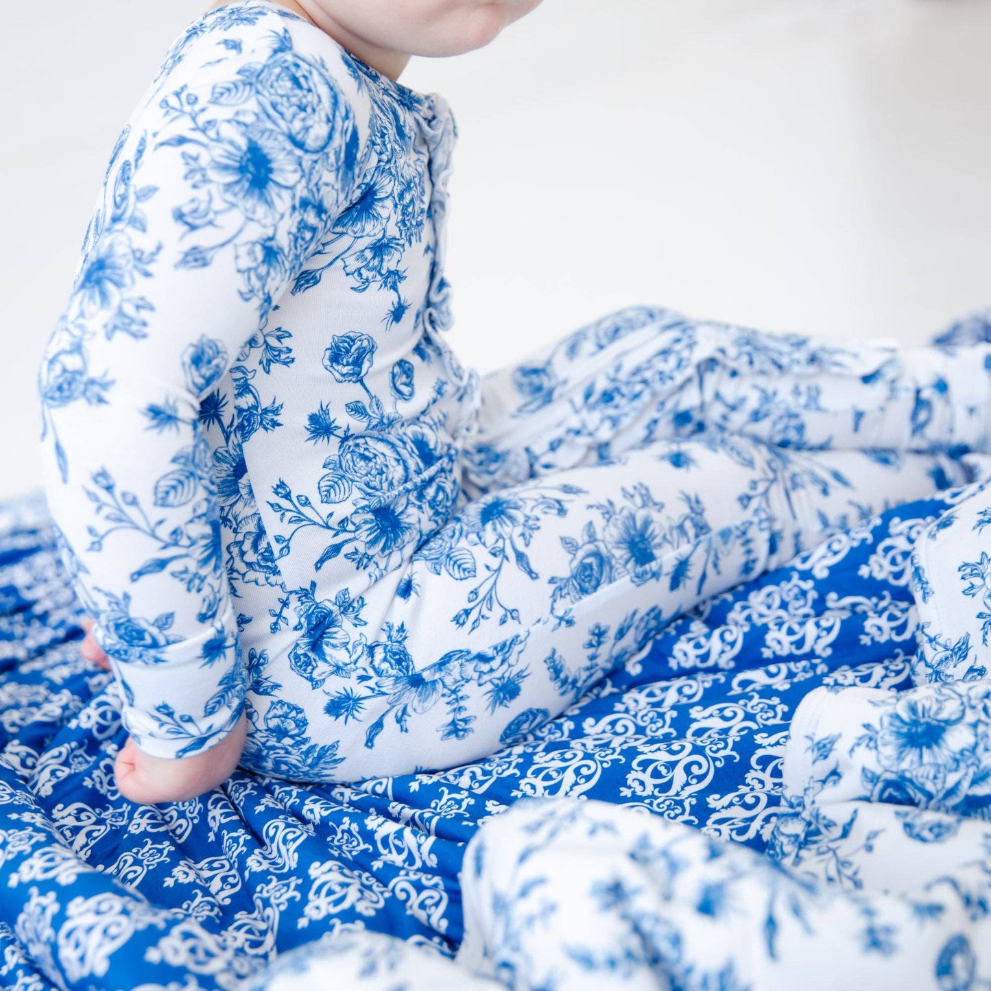 Something Blue Toile Damask Floral Bamboo Baby Pajamas Ruffle Convertible Footie