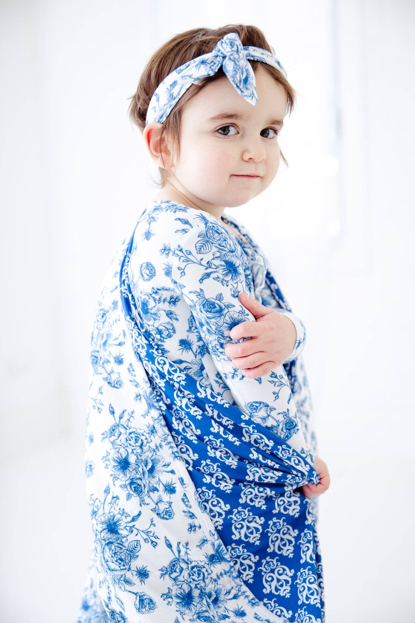 Something Blue Toile Damask Floral Bamboo Baby Pajamas Ruffle Convertible Footie