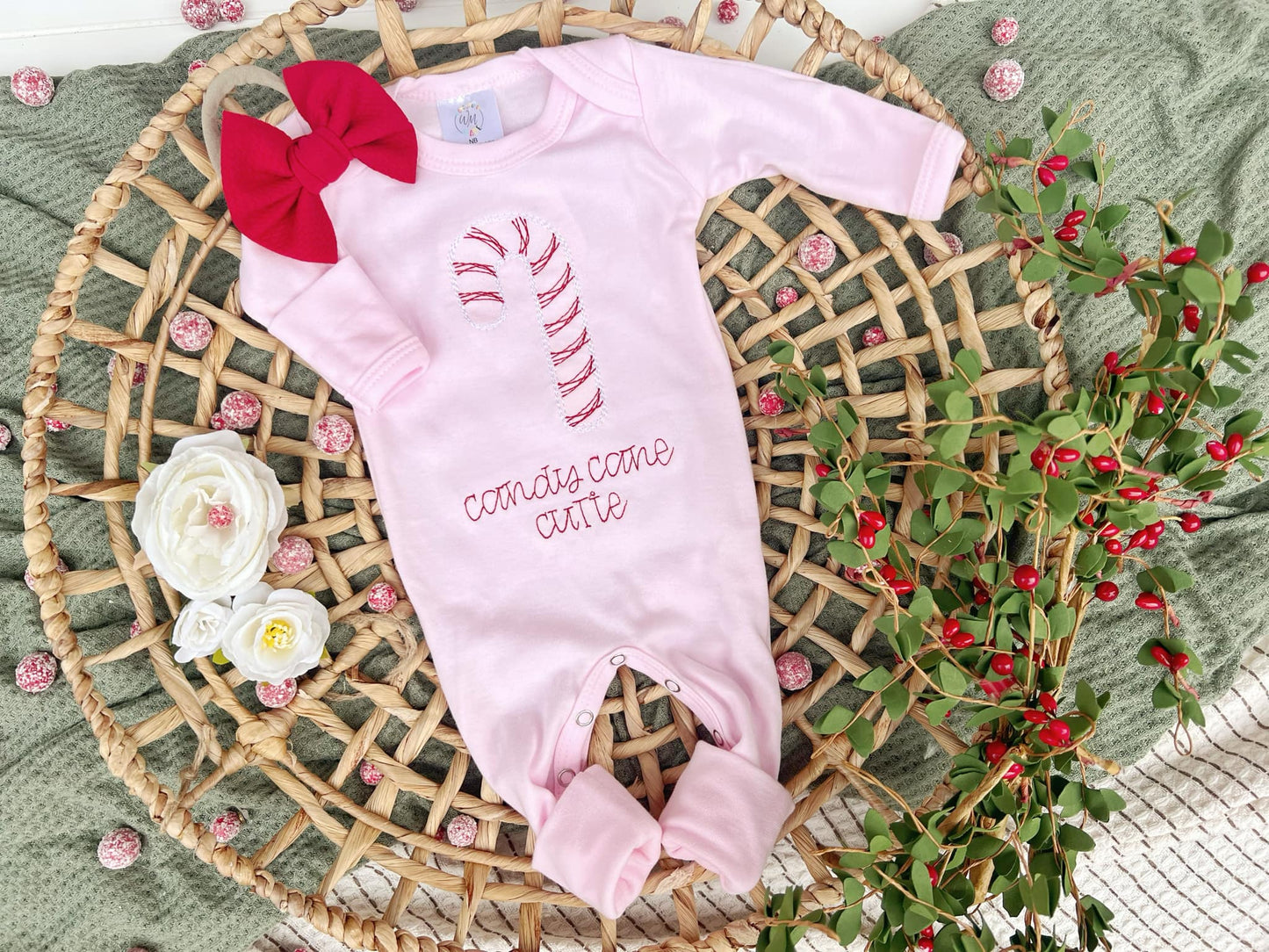 Light Pink Girl Romper Candy Cane Cutie: Newborn / Romper and bow