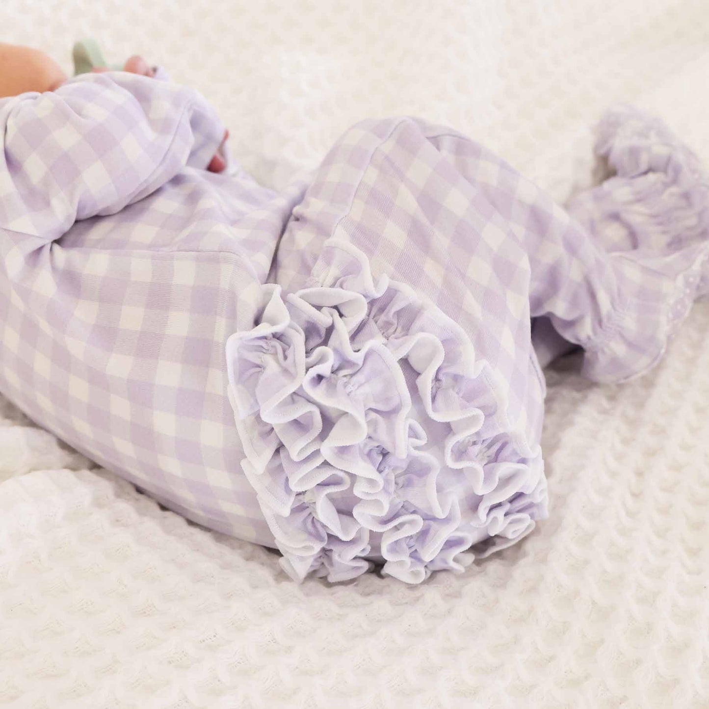 Peter Pan Collar Ruffle Zipper Footie | Lilac Gingham