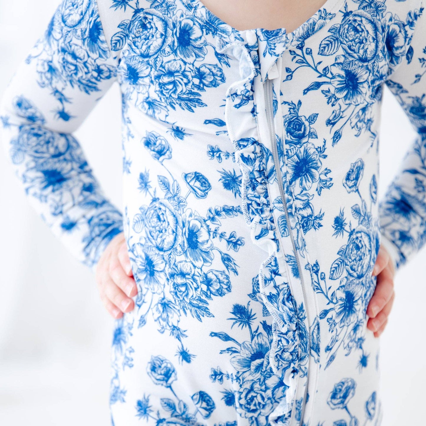 Something Blue Toile Damask Floral Bamboo Baby Pajamas Ruffle Convertible Footie