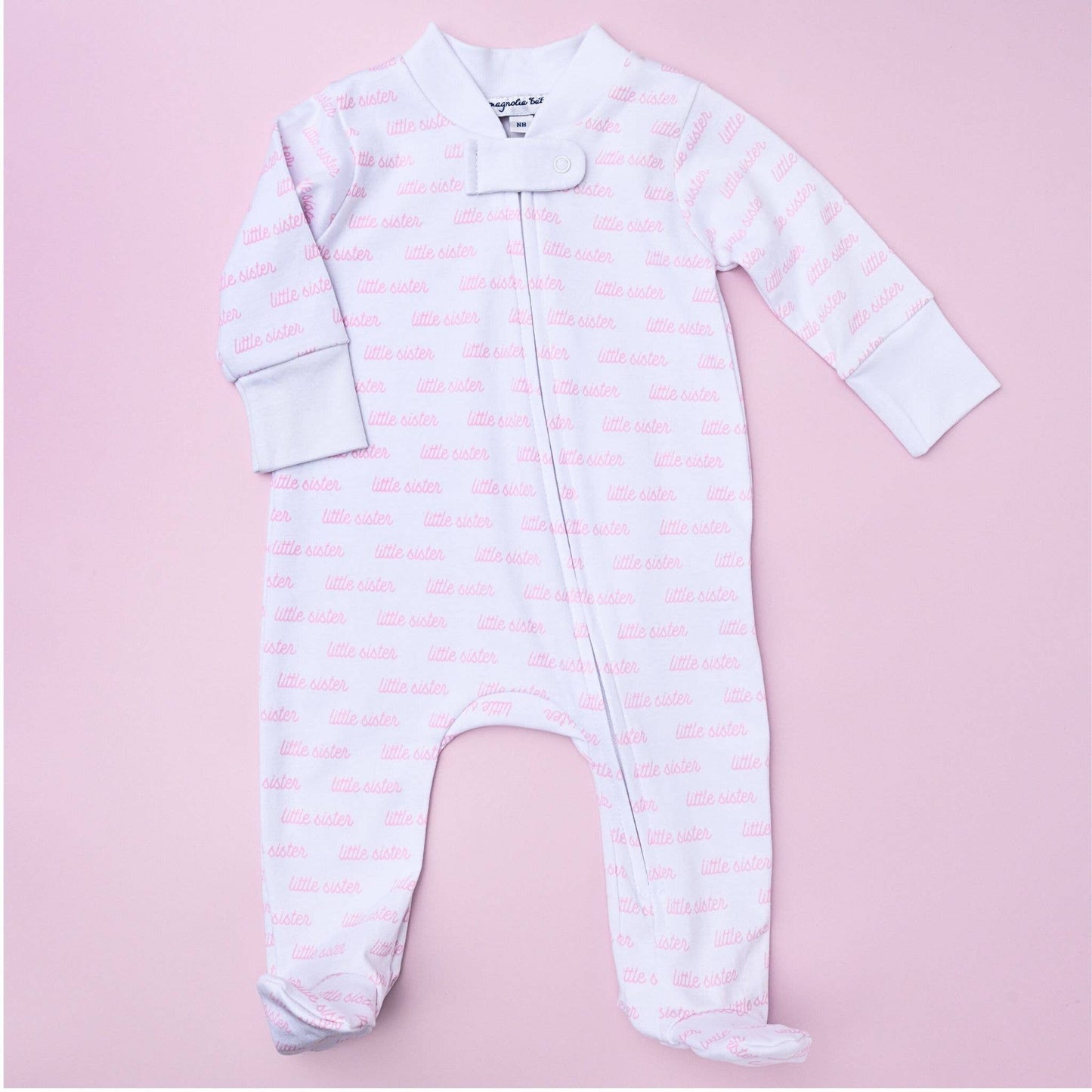 Little Sister Print Zip Footie: Newborn