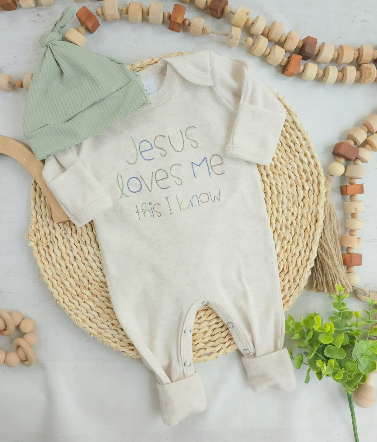 Jesus Loves Me Romper and Knotted Hat Set
