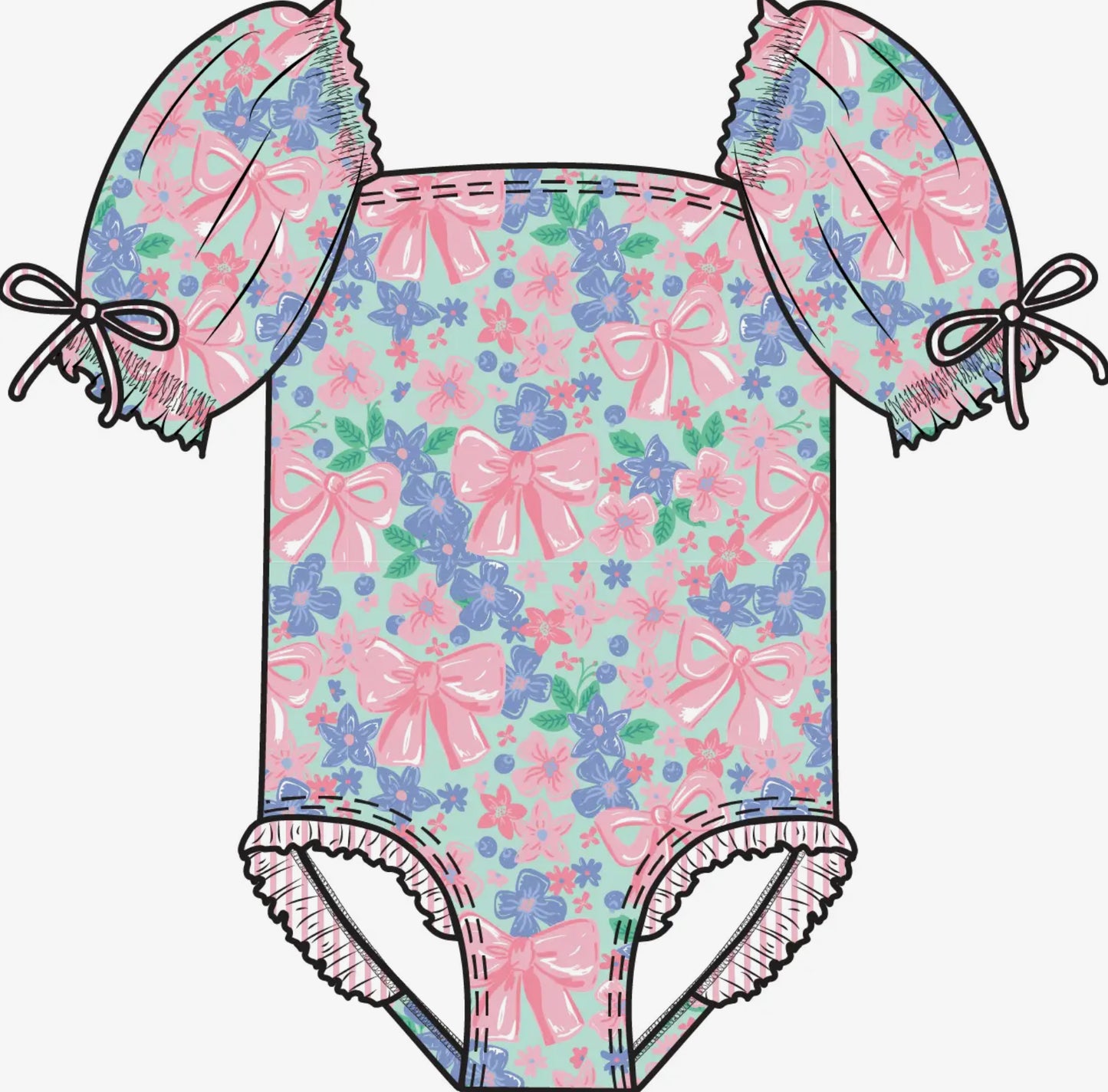 Girls Bow Blooms Puff Sleeve One Piece Swimsuit