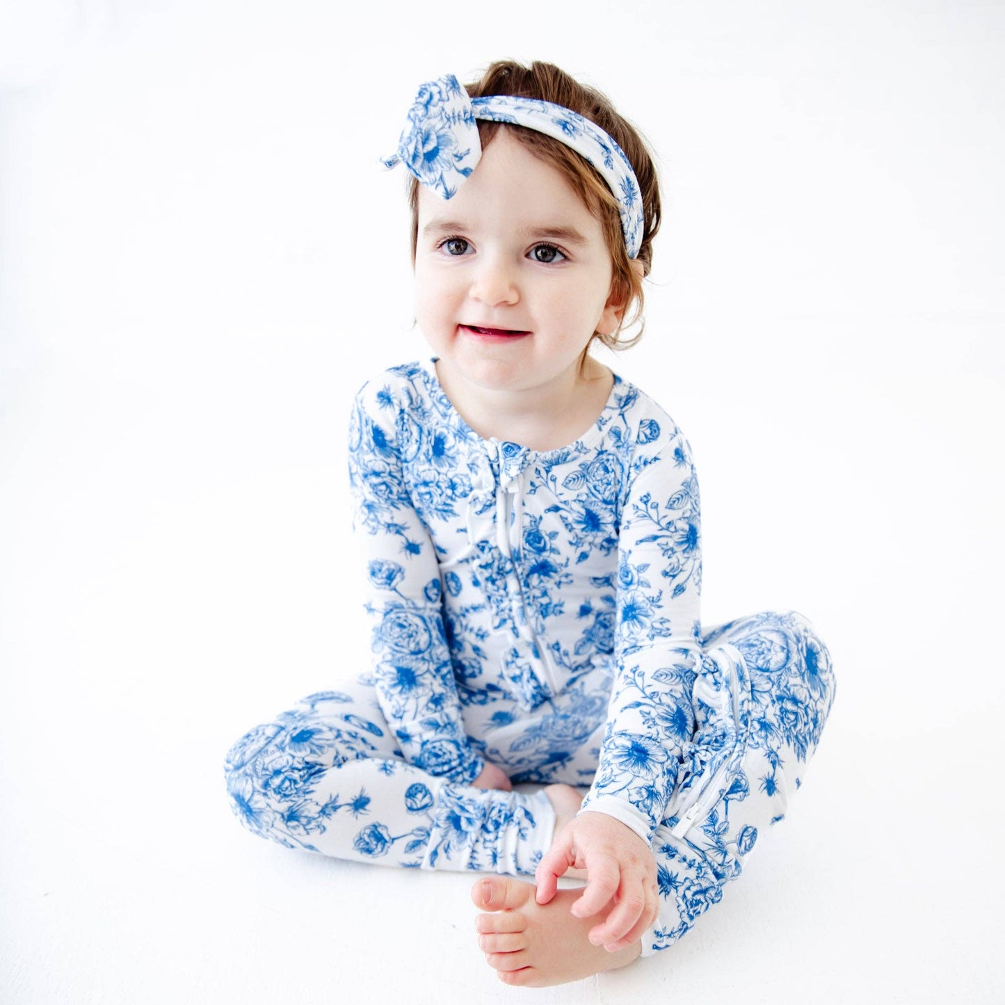 Something Blue Toile Damask Floral Bamboo Baby Pajamas Ruffle Convertible Footie
