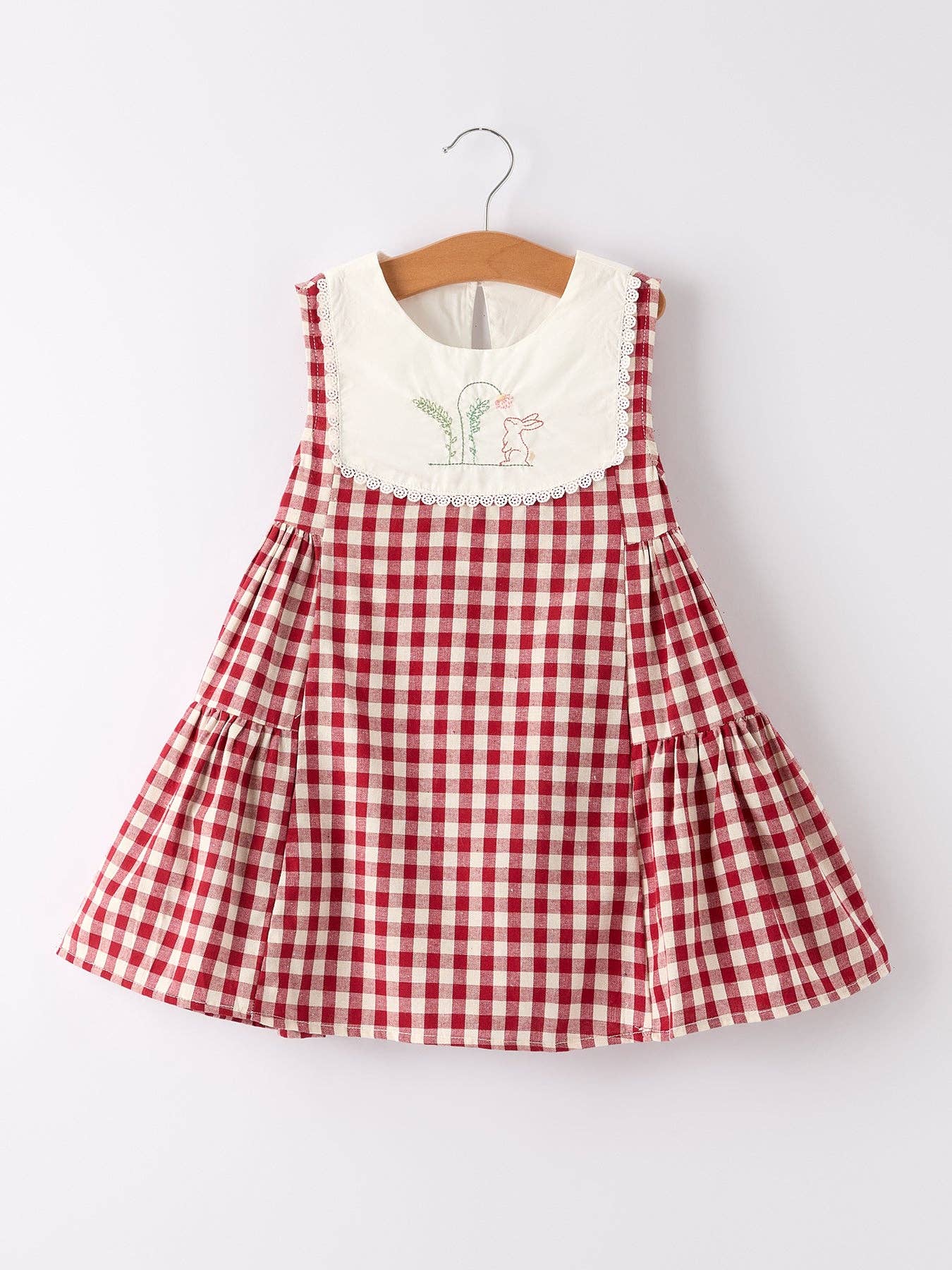 Red Plaid Embroidered Bunny Sleeveless Dress