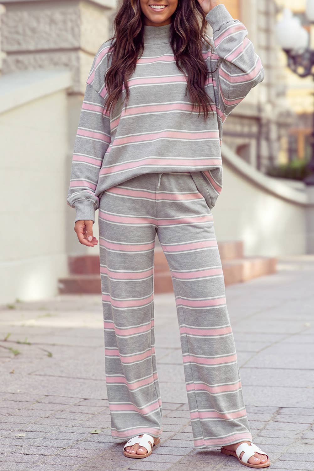Stripe Mock Neck Long Sleeve Pullover Top and Pants Set
