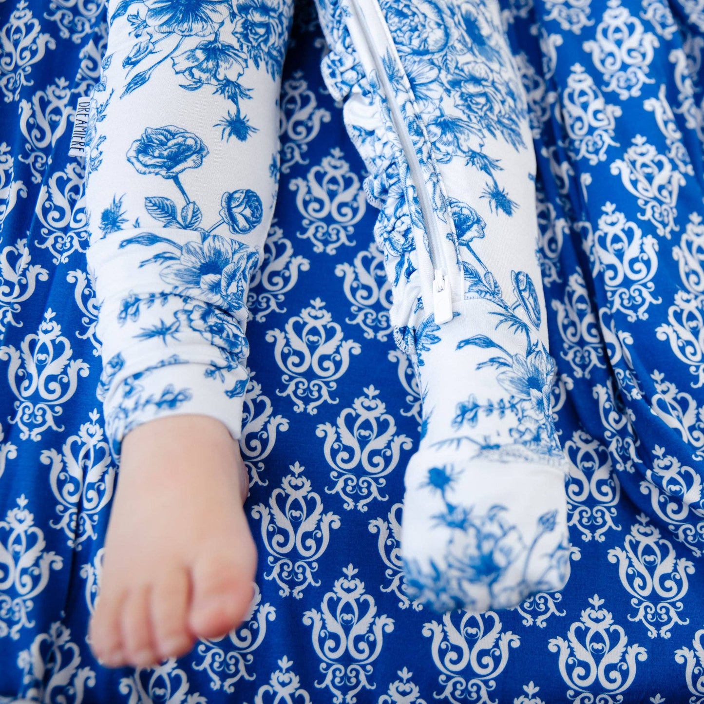 Something Blue Toile Damask Floral Bamboo Baby Pajamas Ruffle Convertible Footie