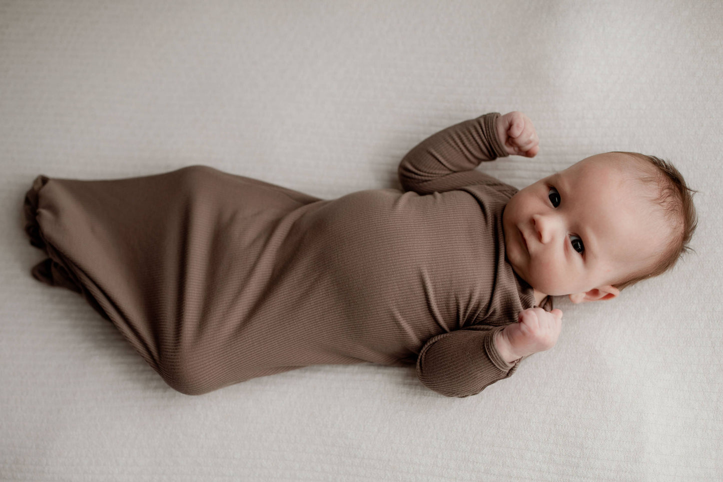 Cocoa Brown Ribbed Knotted Newborn Baby Gown sleepwear: Gown & Hat