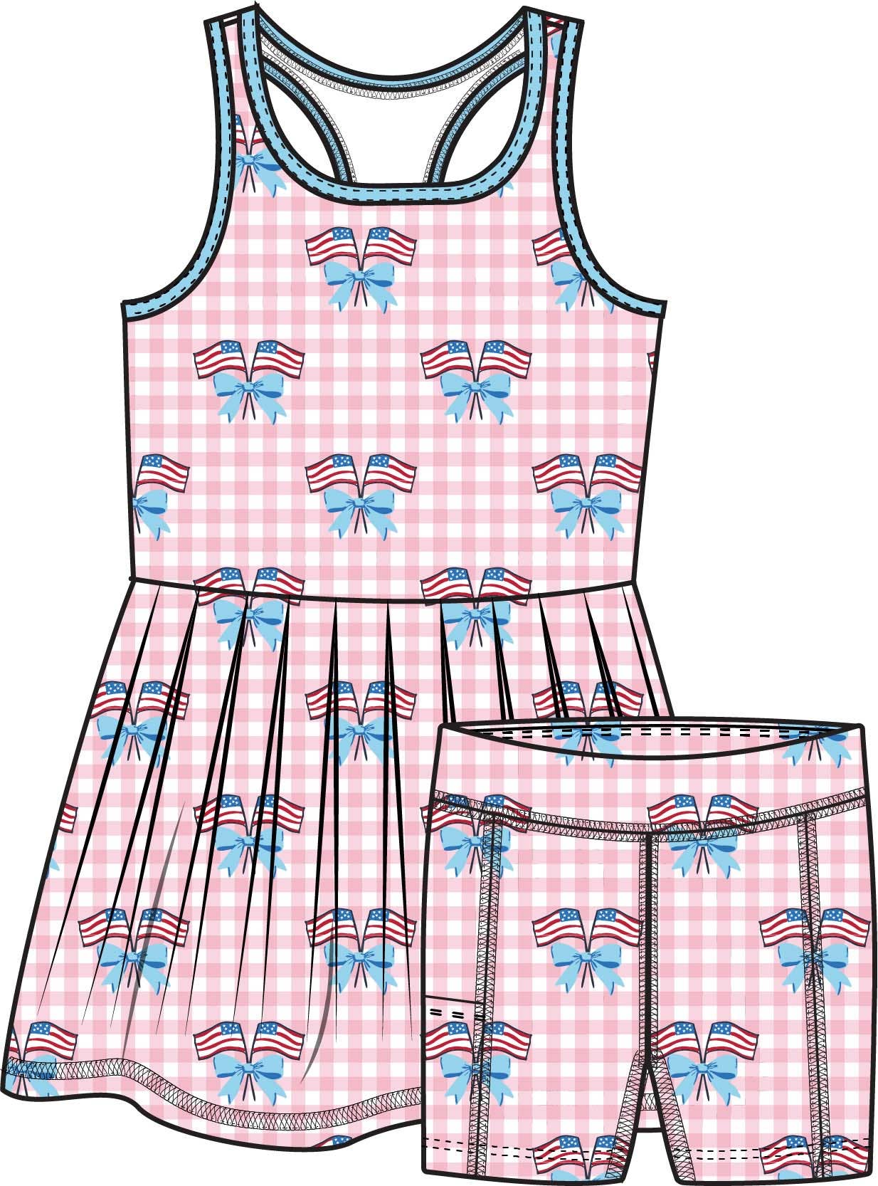 Girls Pink Patriotic Gingham Pleated Skirt Active Dress & Bike Short Set
