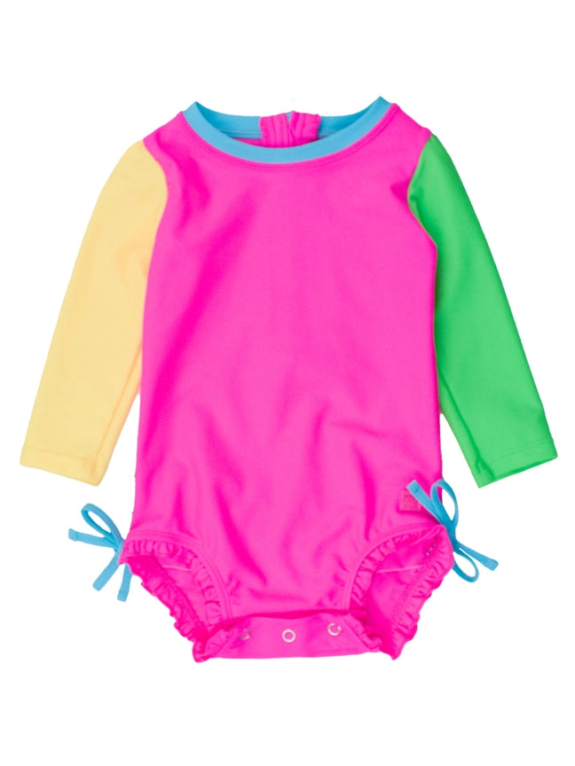Neon Color Block Long Sleeve One Piece Rash Guard