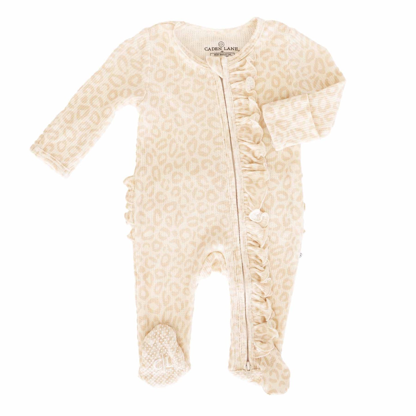 Lovely Leopard Bamboo Waffle Zipper Ruffle Footie