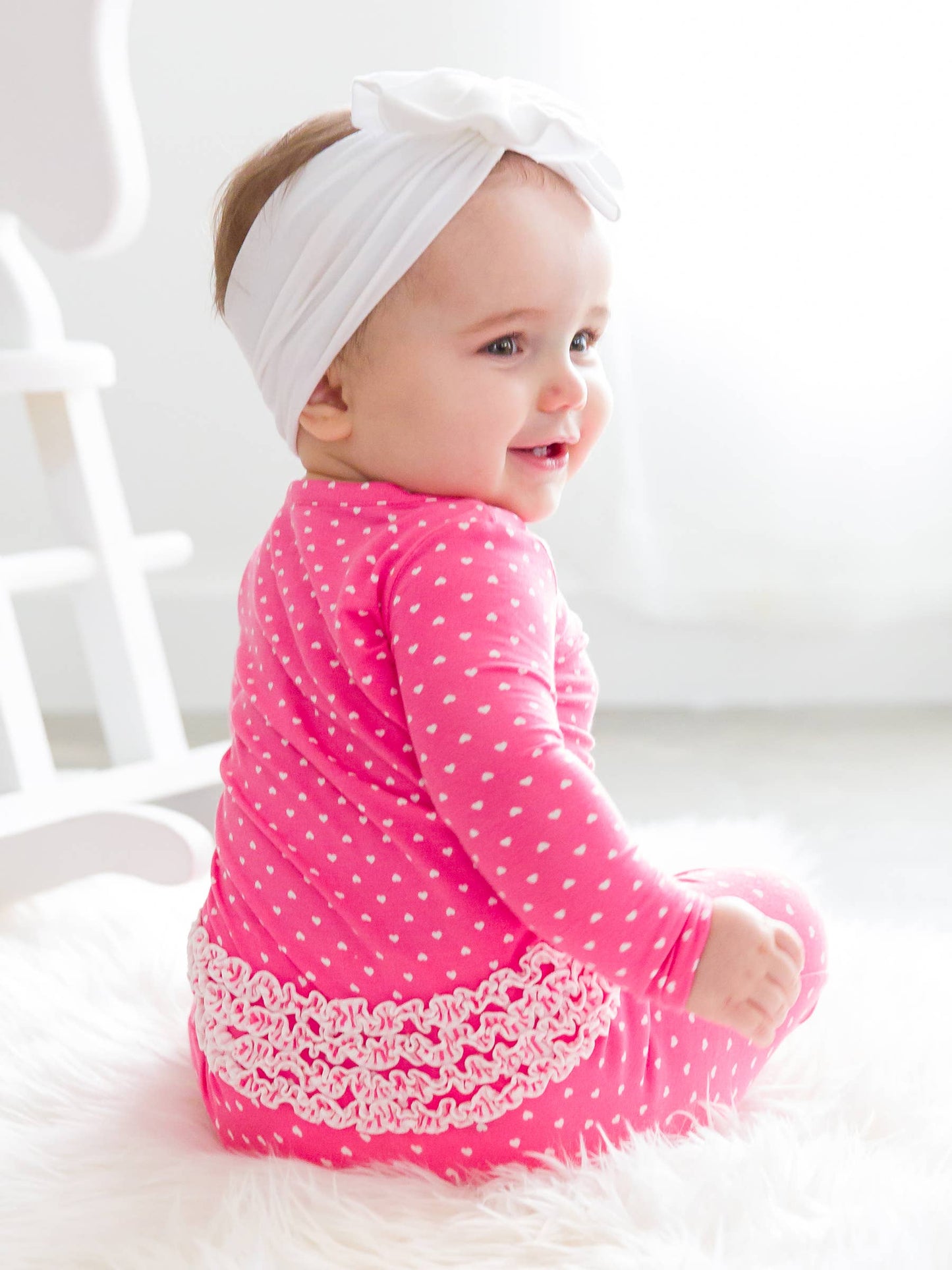 Baby Girls Hot Pink Heart Polka Dot Bamboo Viscose Footed Ruffle One Piece Pajama