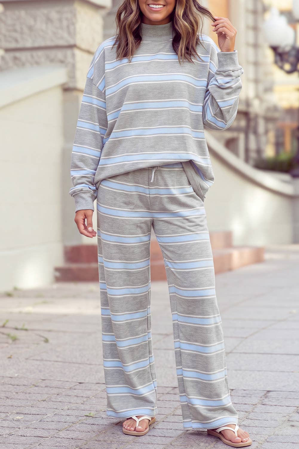 Stripe Mock Neck Long Sleeve Pullover Top and Pants Set