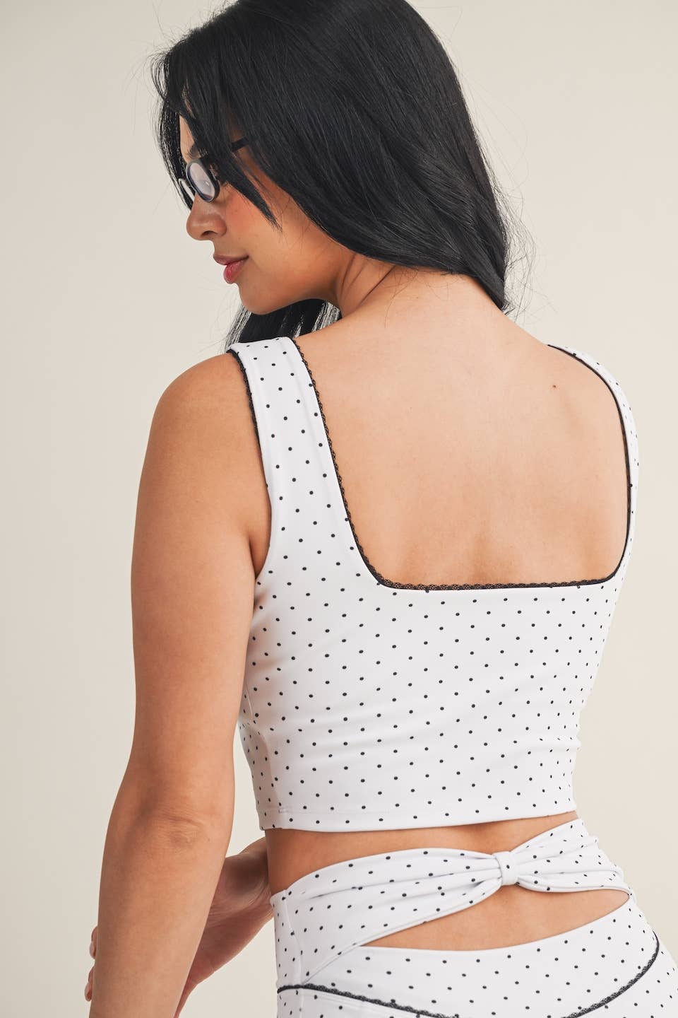Polka Dot Print Crop Tank with Lace Trim: Black Polka Dot