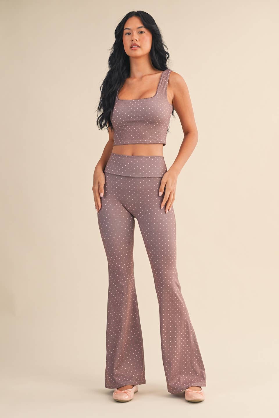 Polka Dot Print Crop Tank with Lace Trim: Black Polka Dot