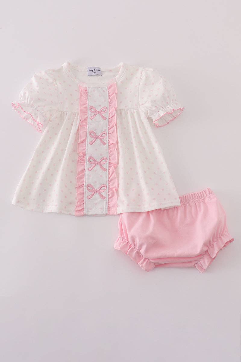 Pink bow embroidery dot bloomer set: 6 Months