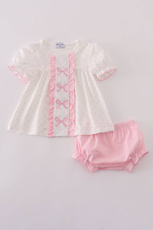 Pink bow embroidery dot bloomer set: 6 Months