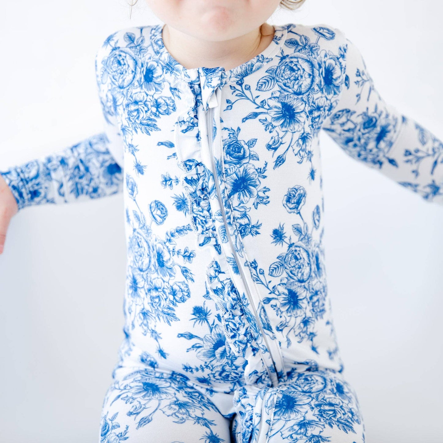 Something Blue Toile Damask Floral Bamboo Baby Pajamas Ruffle Convertible Footie