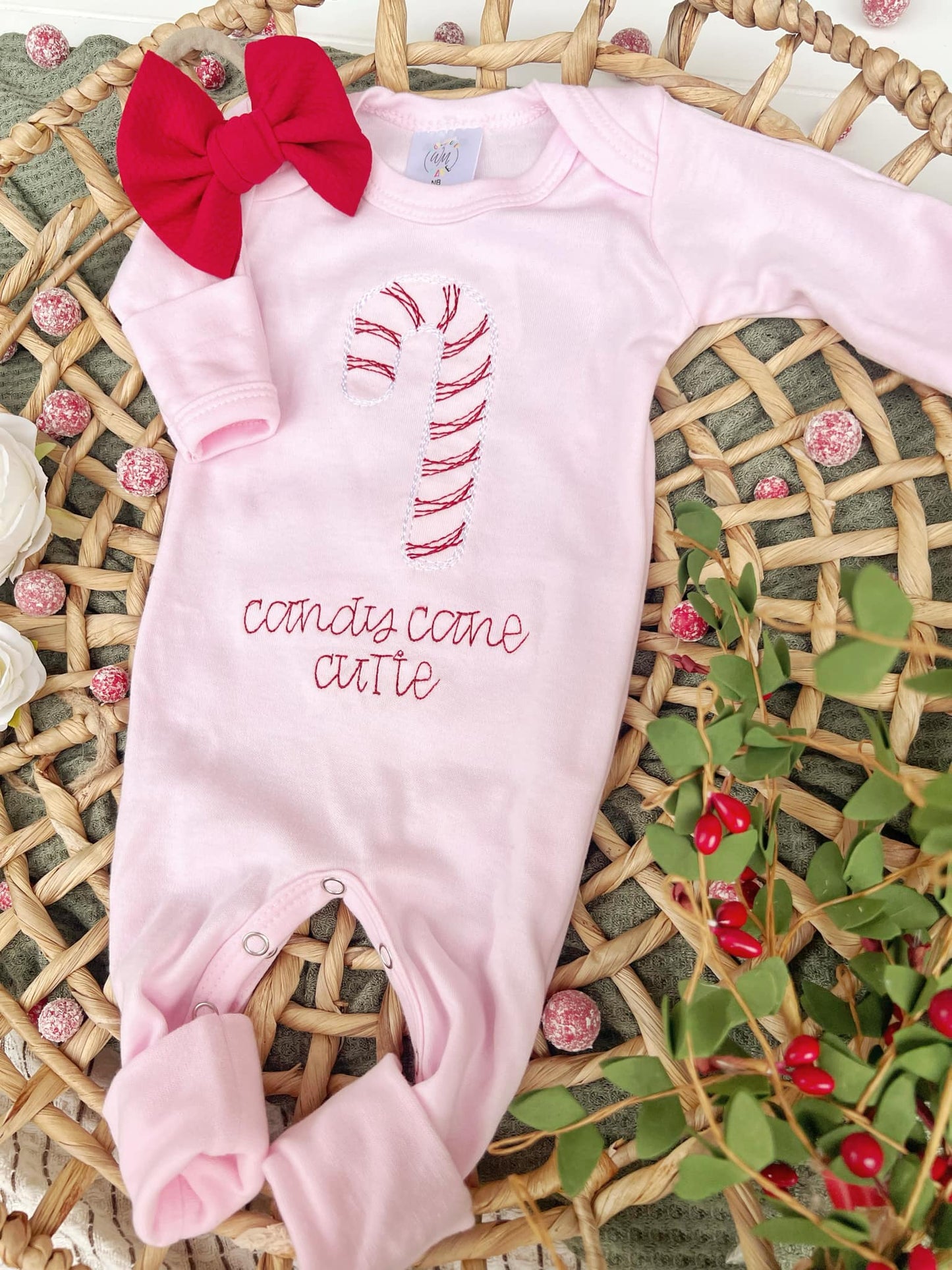 Light Pink Girl Romper Candy Cane Cutie: Newborn / Romper and bow