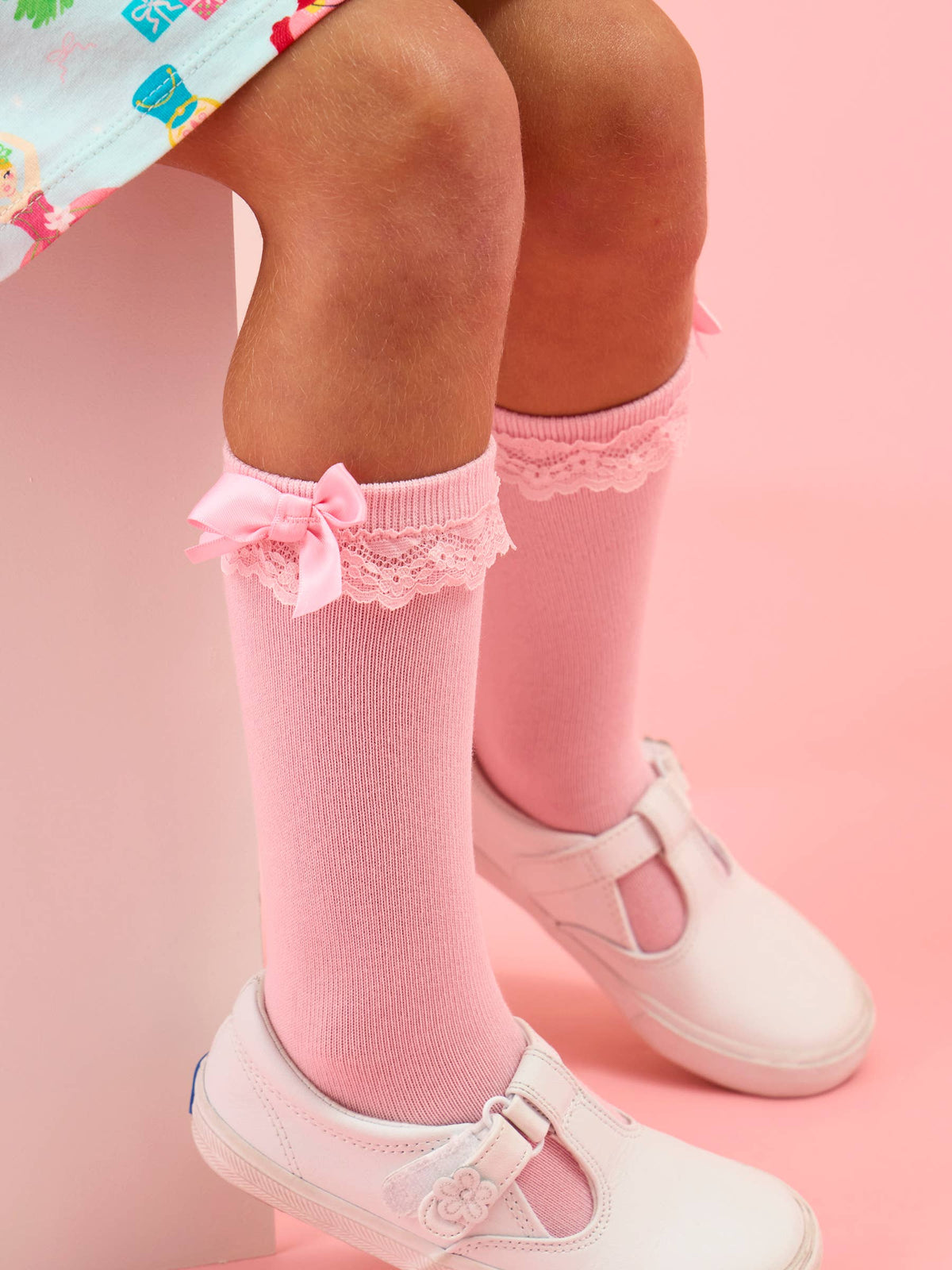 Girls White, Ocean Tide Blue, & Pink 3-Pack Lace Ruffle Bow Knee High Socks