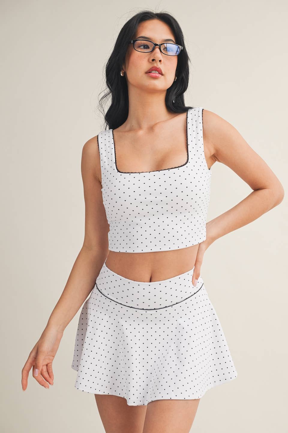 Polka Dot Print Crop Tank with Lace Trim: Black Polka Dot