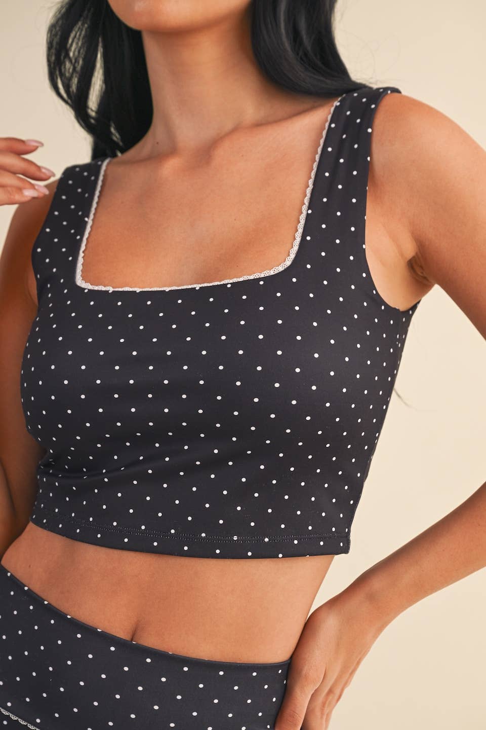 Polka Dot Print Crop Tank with Lace Trim: Black Polka Dot