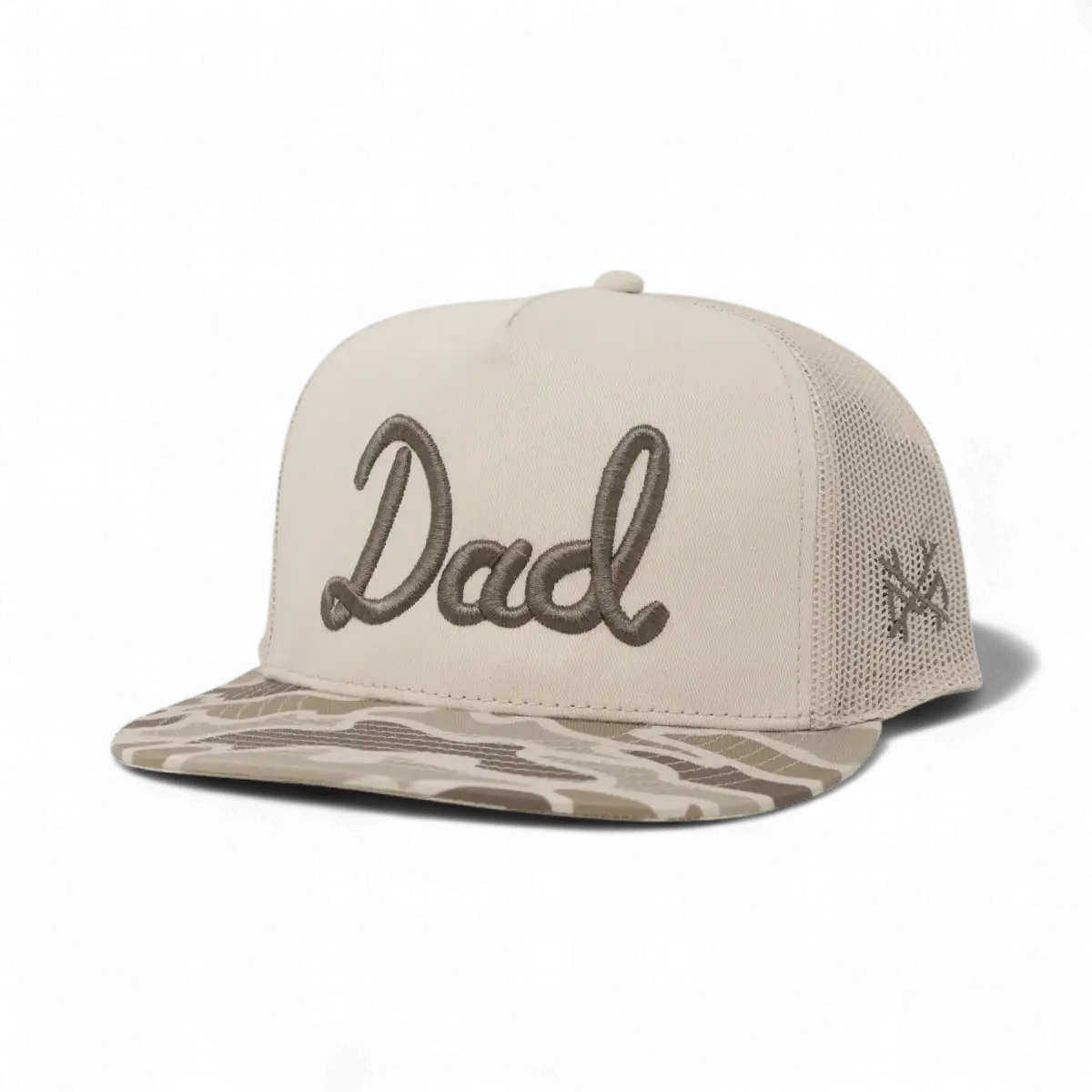 Dad Trucker Hat: Flat Bill Field Camo/Natural