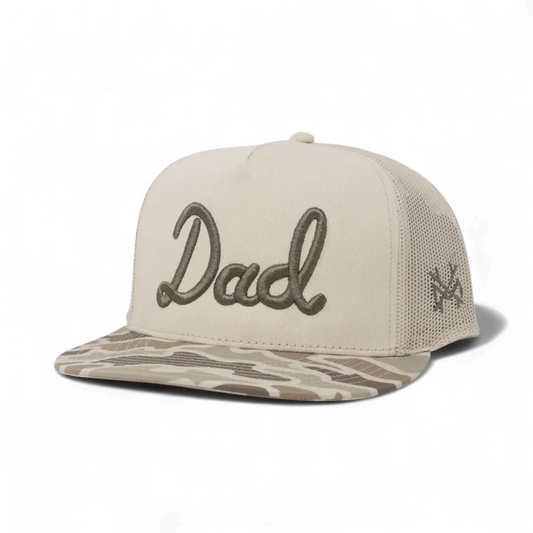 Dad Trucker Hat: Flat Bill Field Camo/Natural