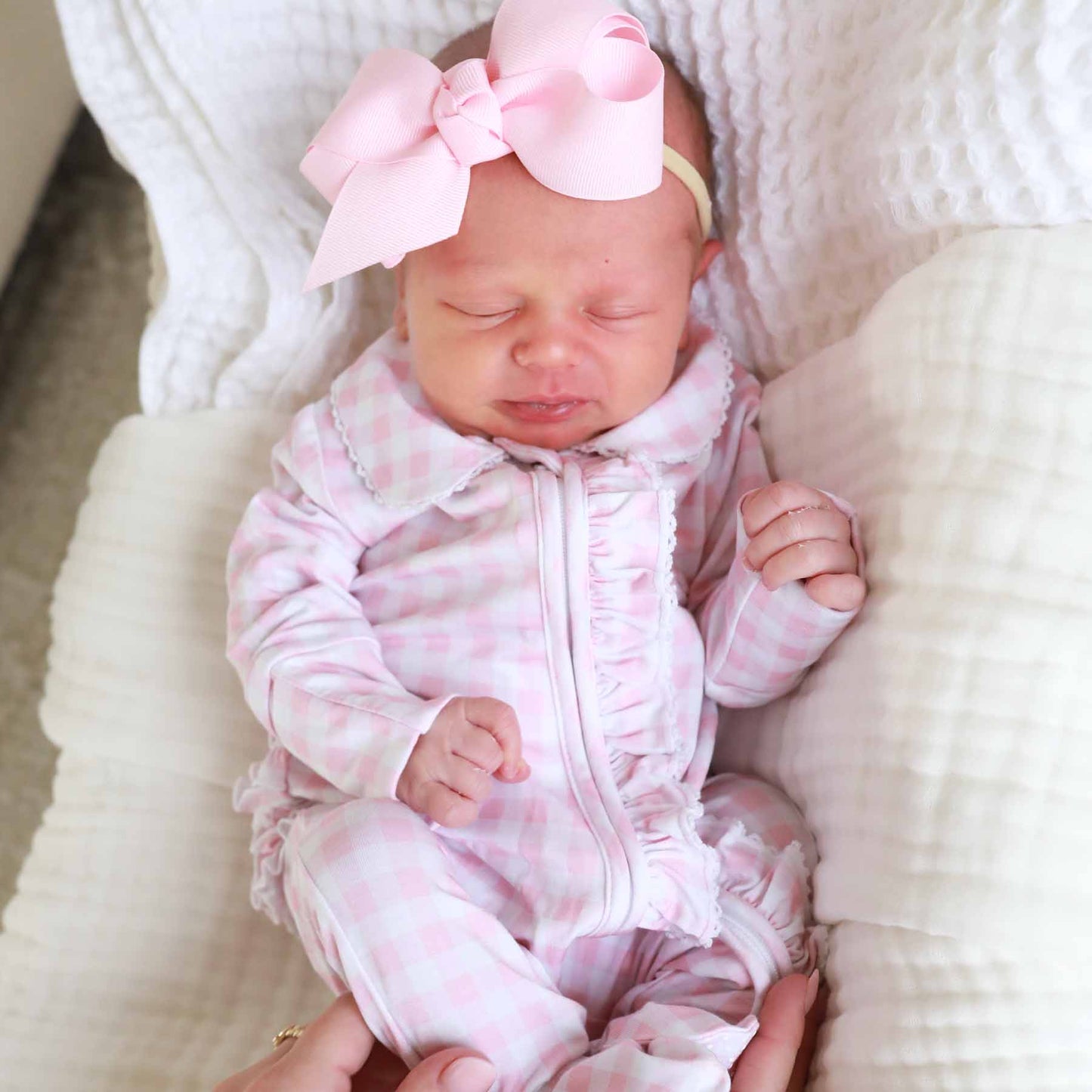 Peter Pan Collar Ruffle Zipper Footie | Rosy Gingham