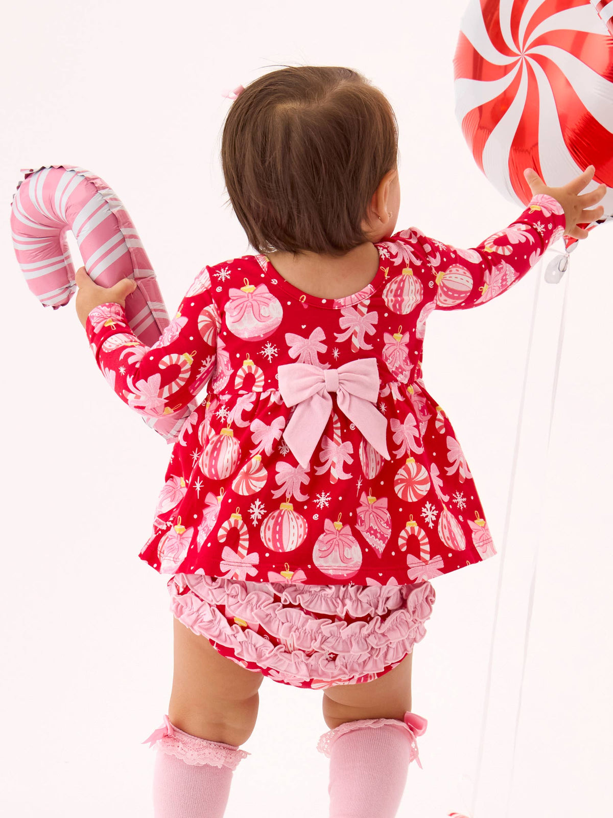 Baby Girls Red Holly Christmas Ornament Bows Knit Long Sleeve Twirl Top & Ruffle Bloomer Set
