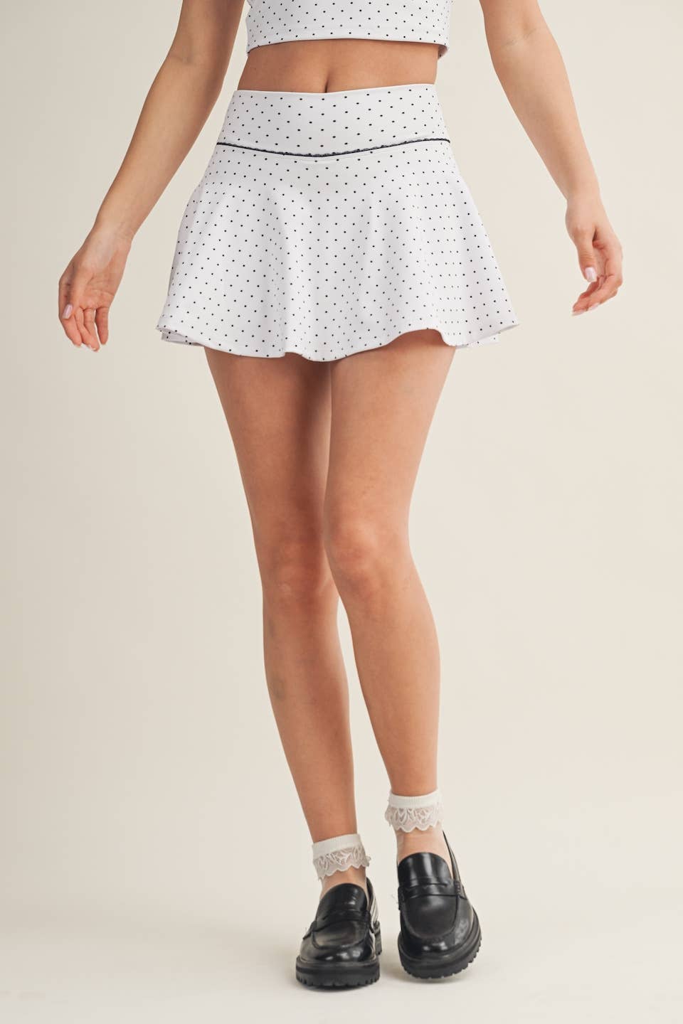 Polka Dot Print Mini Circle Skort with Bow Back and Lace Tri: Black Polka Dot