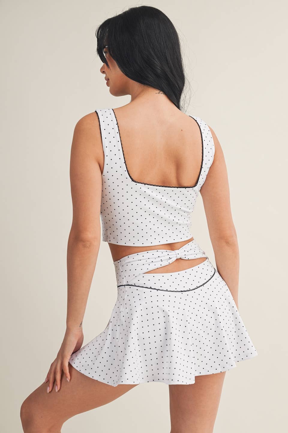 Polka Dot Print Crop Tank with Lace Trim: Black Polka Dot