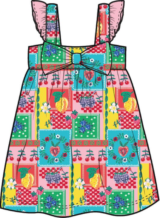 Girls Picnic Party Patchwork Cotton Gauze Flutter Bow Woven Dress