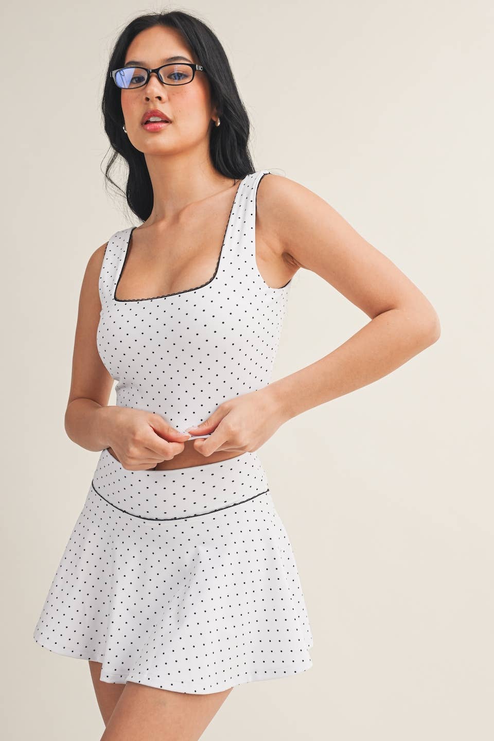Polka Dot Print Crop Tank with Lace Trim: Black Polka Dot