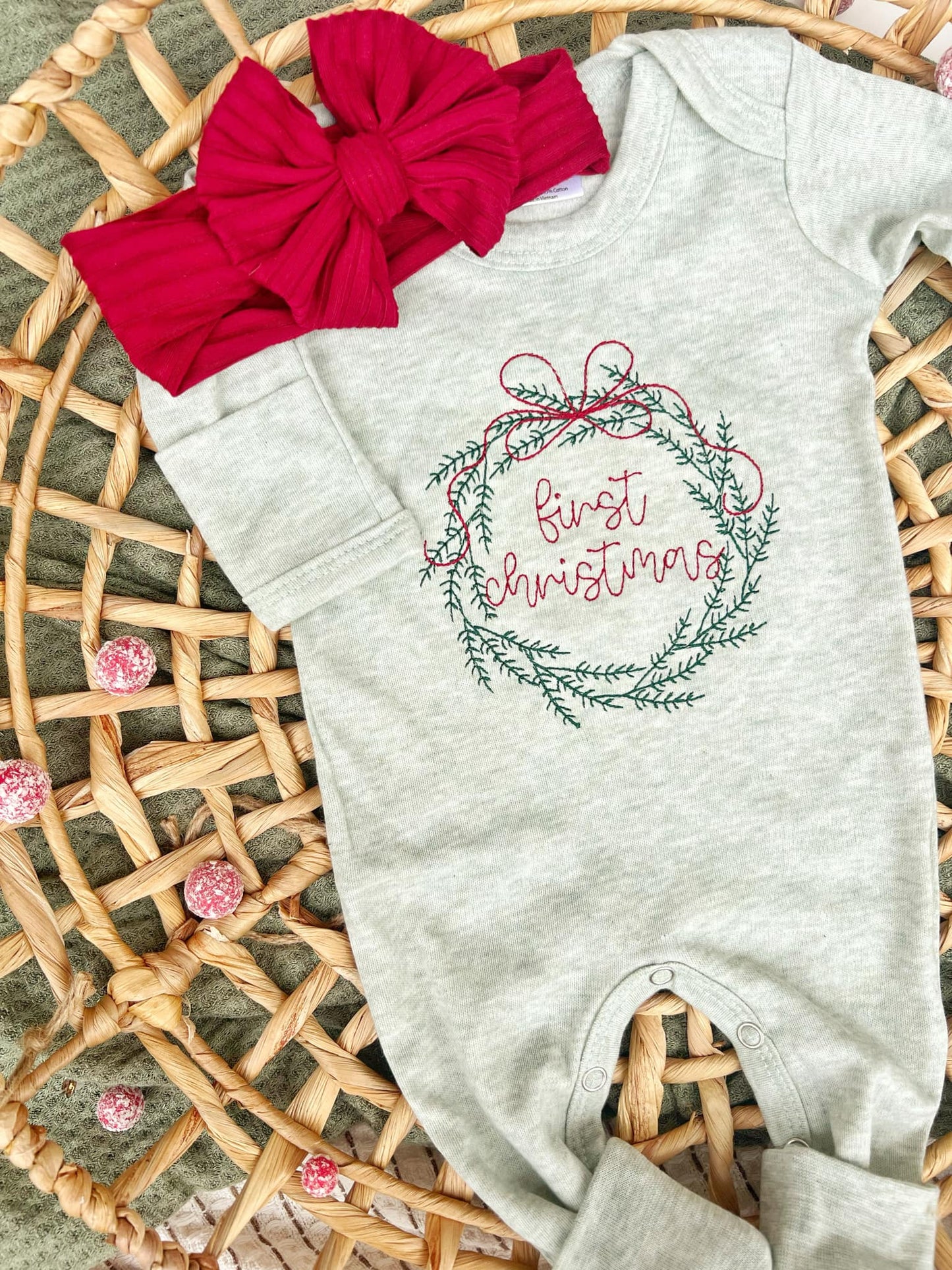 First Christmas Wreath Outfit: Newborn / Romper and bow