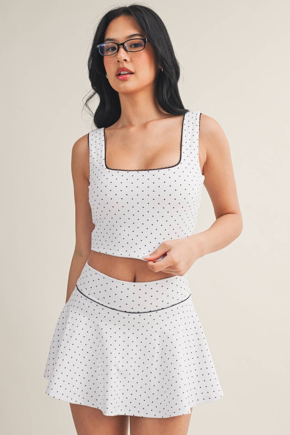 Polka Dot Print Crop Tank with Lace Trim: Black Polka Dot