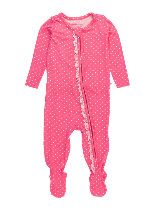 Baby Girls Hot Pink Heart Polka Dot Bamboo Viscose Footed Ruffle One Piece Pajama