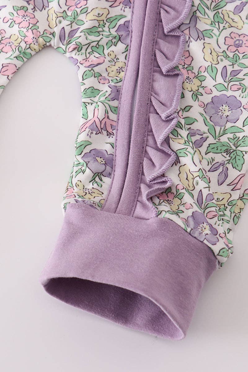 Purple floral print ruffle romper