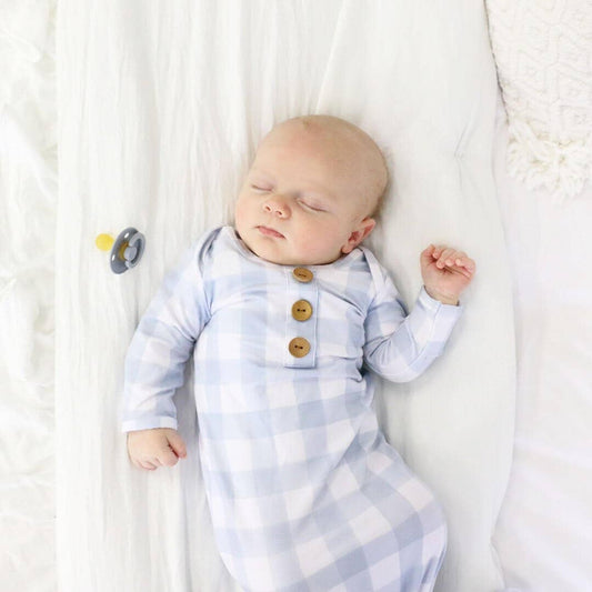Dusty Blue Gingham Newborn Baby Knot Gown & Hat Set