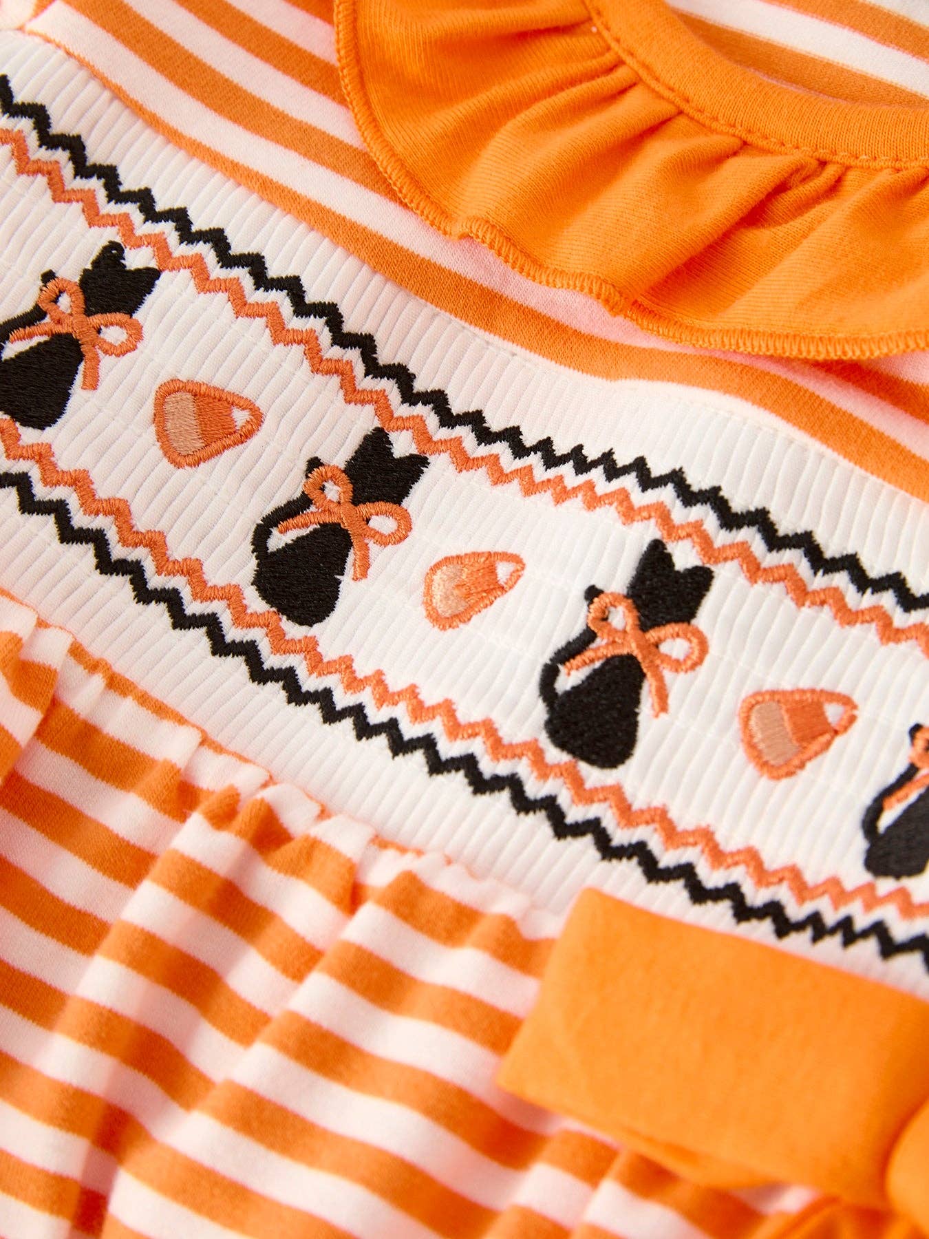 Halloween Striped Baby Girls Romper with Cat Smocking Embroidery