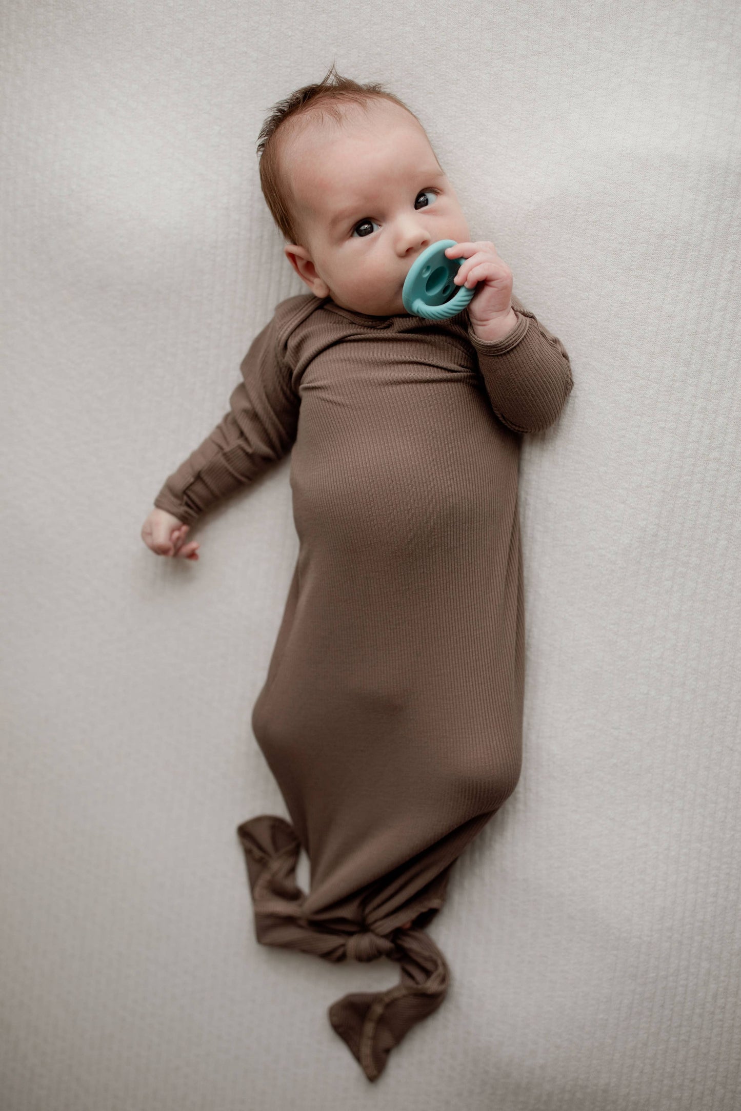 Cocoa Brown Ribbed Knotted Newborn Baby Gown sleepwear: Gown & Hat