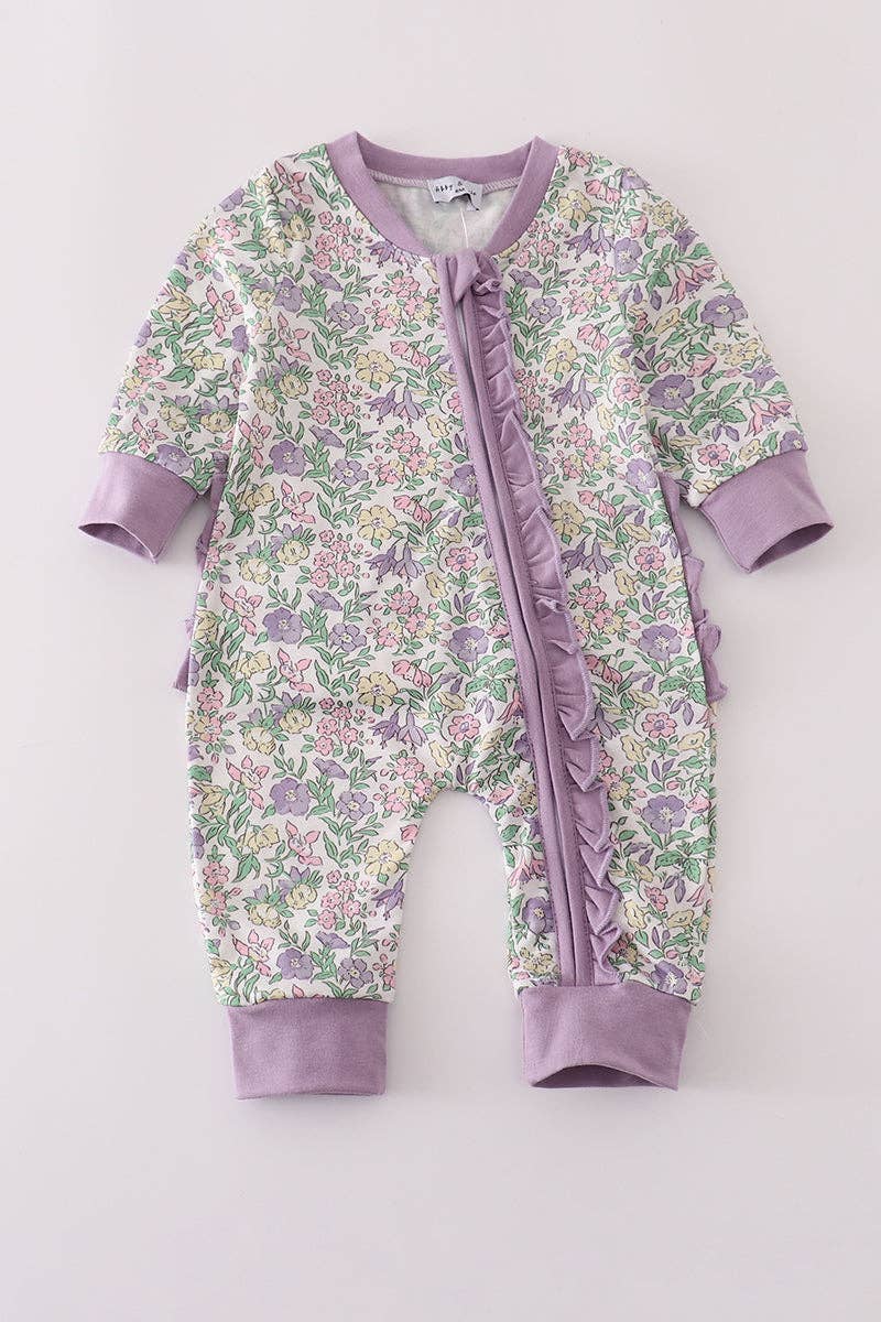 Purple floral print ruffle romper