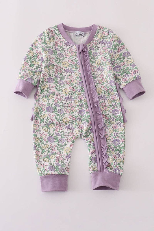 Purple floral print ruffle romper