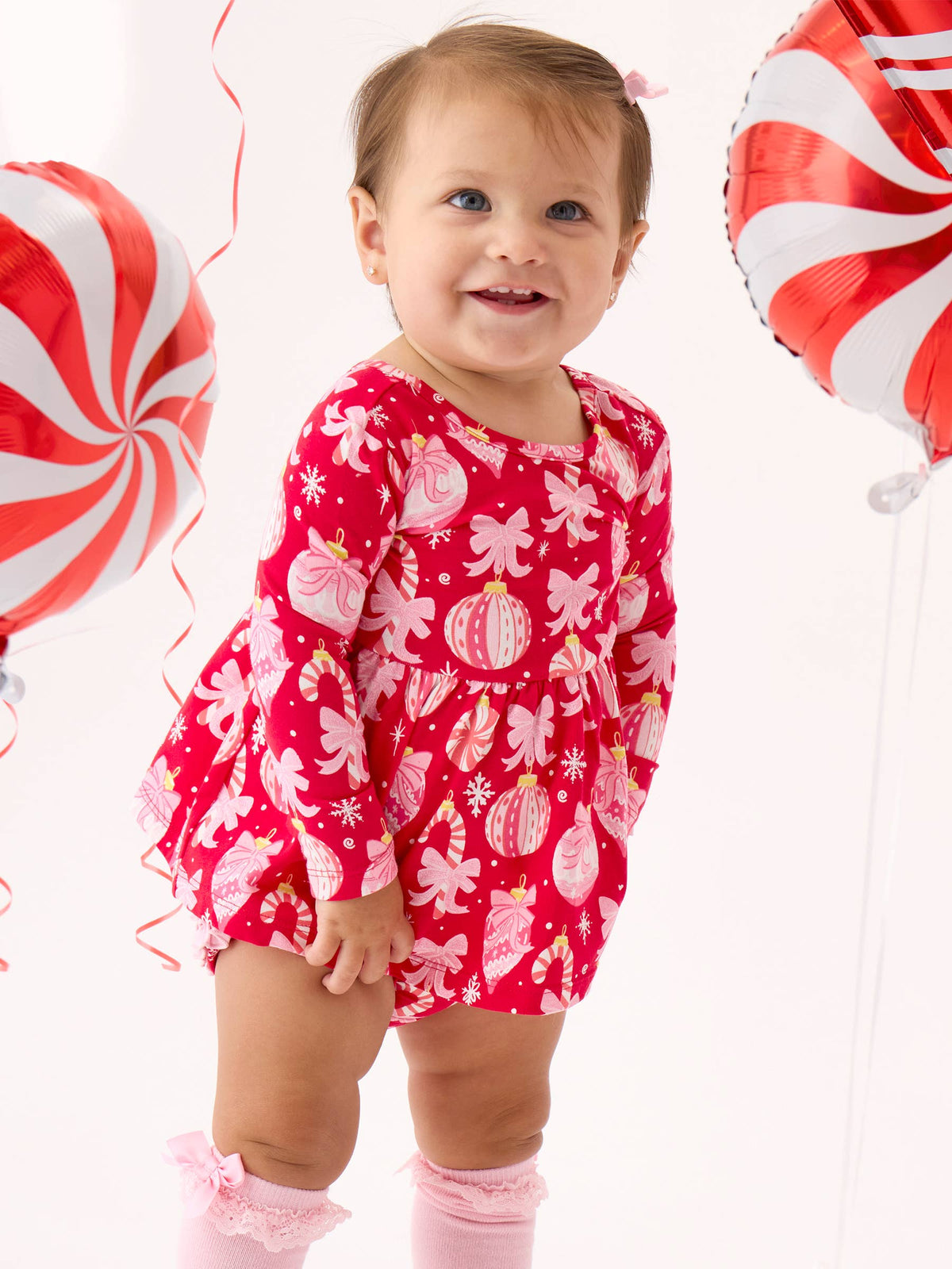 Baby Girls Red Holly Christmas Ornament Bows Knit Long Sleeve Twirl Top & Ruffle Bloomer Set
