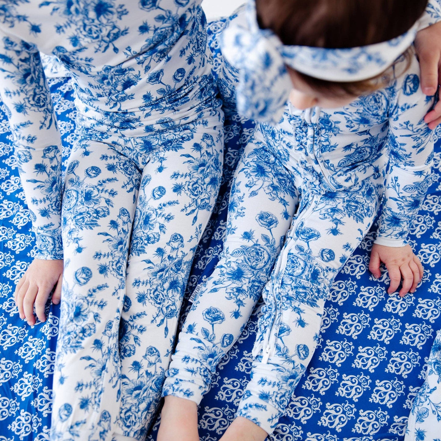 Something Blue Toile Damask Floral Bamboo Baby Pajamas Ruffle Convertible Footie
